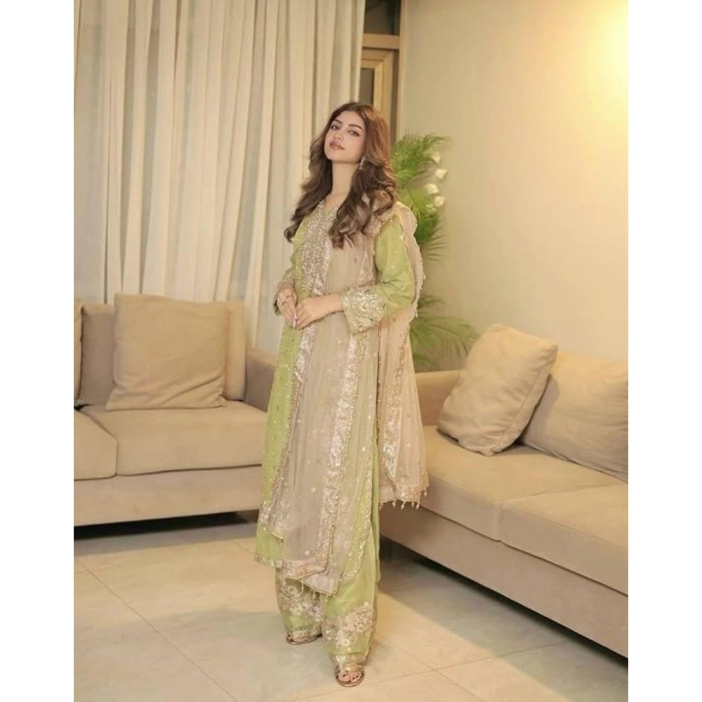 Generic Women's Silk Embroidered 3/4th Sleeve Round Readymade Kurti With Palazzo Pant and Dupatta Set (Pista)