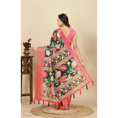 Generic Women's Cotton Silk Floral Printed Saree With Unstitched Blouse 5.5Mtr (Black)