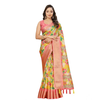 Generic Women's Cotton Silk Floral Printed Saree With Unstitched Blouse 5.5Mtr (Yellow)