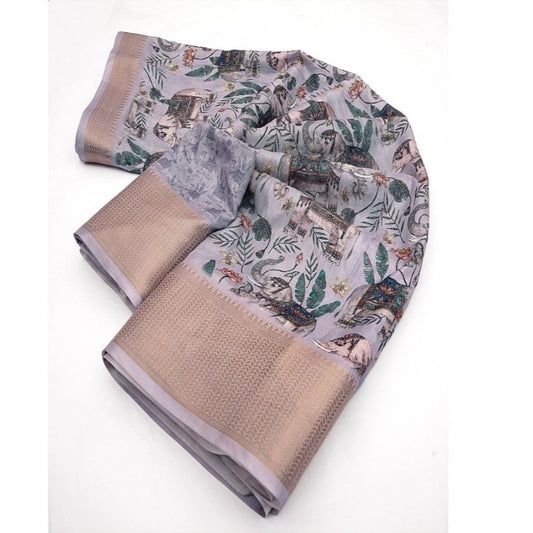 Generic Women's Cotton Silk Printed Saree With Unstitched Blouse 5.5Mtr (Grey)