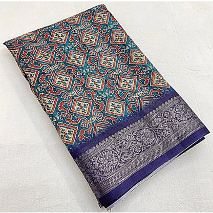 Generic Women's Cotton Blend Printed Saree With Unstitched Blouse 5.5Mtr (Blue)