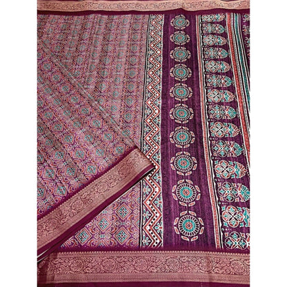 Generic Women's Cotton Blend Printed Saree With Unstitched Blouse 5.5Mtr (Wine)