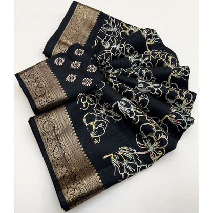 Generic Women's Cotton Silk Floral Printed Saree With Unstitched Blouse 5.5Mtr (Black)