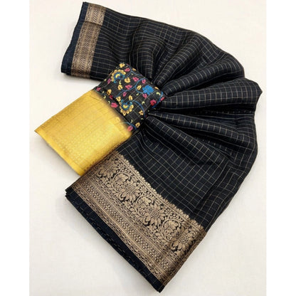 Generic Women's Cotton Blend Checkered Saree With Unstitched Blouse 5.5Mtr (Black)