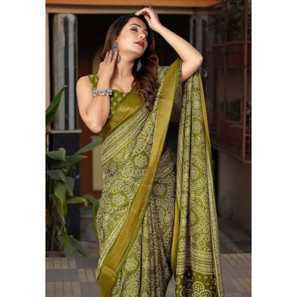 Generic Women's Cotton Silk Printed Saree With Unstitched Blouse 5.5Mtr (Green)