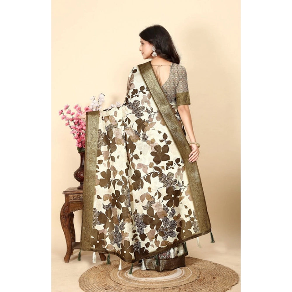 Generic Women's Cotton Silk Floral Printed Saree With Unstitched Blouse 5.5Mtr (Multicolor)