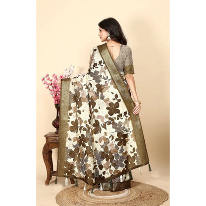 Generic Women's Cotton Silk Floral Printed Saree With Unstitched Blouse 5.5Mtr (Multicolor)