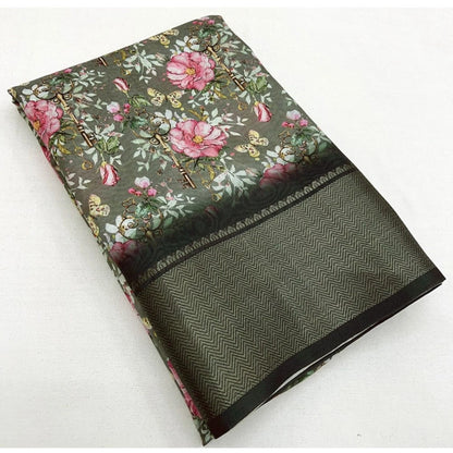 Generic Women's Cotton Silk Floral Printed Saree With Unstitched Blouse 5.5Mtr (Grey)