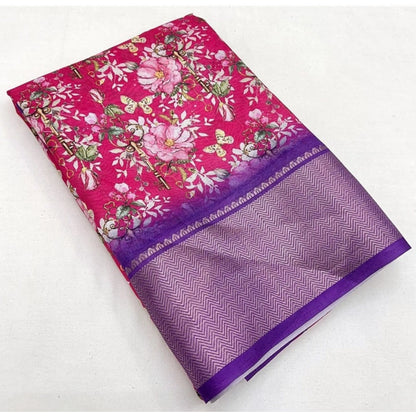 Generic Women's Cotton Silk Floral Printed Saree With Unstitched Blouse 5.5Mtr (Pink)