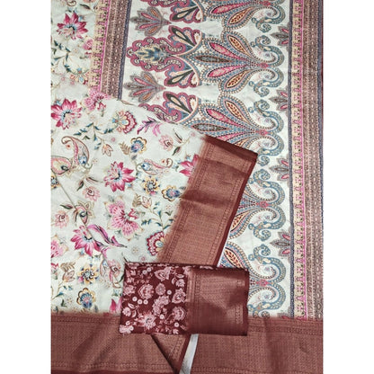 Generic Women's Cotton Silk Floral Printed Saree With Unstitched Blouse 5.5Mtr (Gold-Brown)