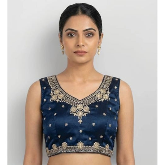Generic Women's Silk Embroidered V-Neck Sleeveless Readymade Padded Blouse (Blue, Size 38)