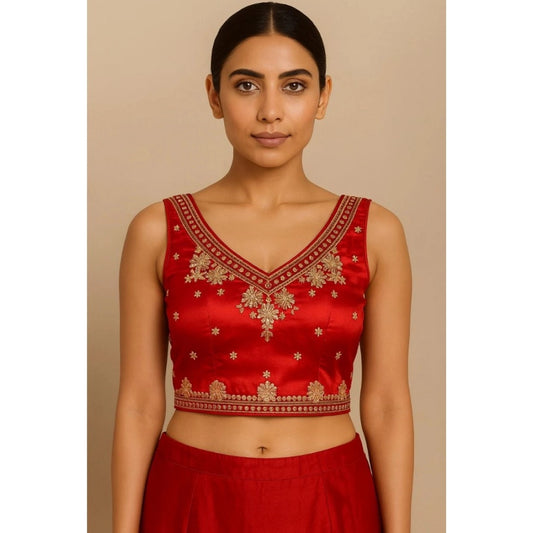 Generic Women's Silk Embroidered V-Neck Sleeveless Readymade Padded Blouse (Red, Size 38)