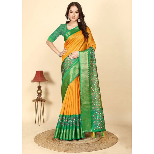 Generic Women's Cotton Silk Printed Saree With Unstitched Blouse 5.5Mtr (Yellow Green)