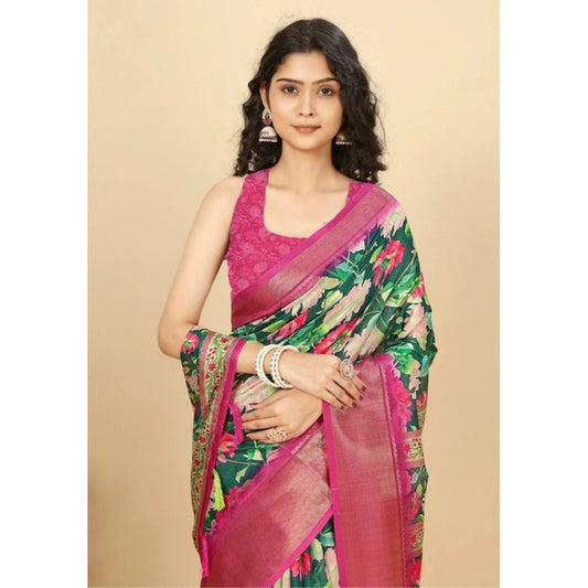 Generic Women's Cotton Silk Floral Printed Saree With Unstitched Blouse 5.5Mtr (Green)