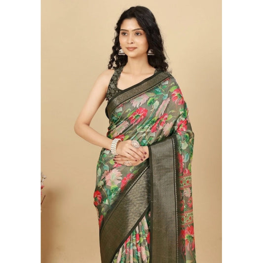 Generic Women's Cotton Silk Floral Printed Saree With Unstitched Blouse 5.5Mtr (Grey)