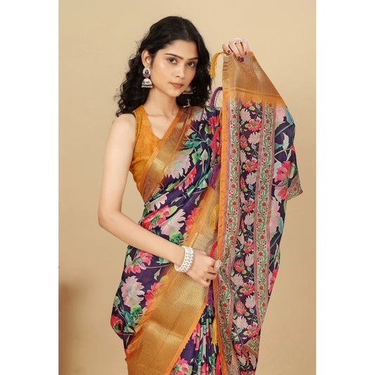 Generic Women's Cotton Silk Floral Printed Saree With Unstitched Blouse 5.5Mtr (Purple)