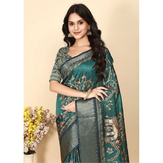 Generic Women's Cotton Silk Printed Saree With Unstitched Blouse 5.5Mtr (Teal)