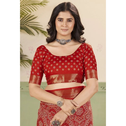 Generic Women's Cotton Silk Floral Printed Saree With Unstitched Blouse 5.5Mtr (Red)