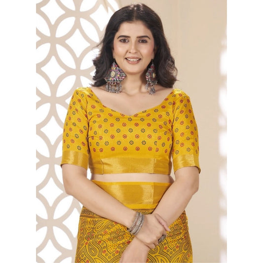 Generic Women's Cotton Silk Floral Printed Saree With Unstitched Blouse 5.5Mtr (Yellow)