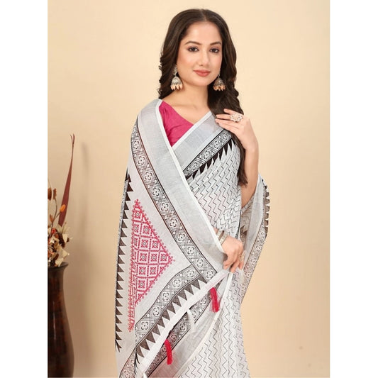 Generic Women's Linen Printed Saree With Unstitched Blouse 5.5Mtr (Multicolor)