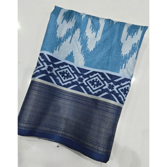 Generic Women's Cotton Silk Printed Saree With Unstitched Blouse 5.5Mtr (Blue)