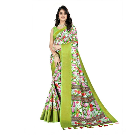 Generic Women's Cotton Silk Floral Printed Saree With Unstitched Blouse 5.5Mtr (Green-White)