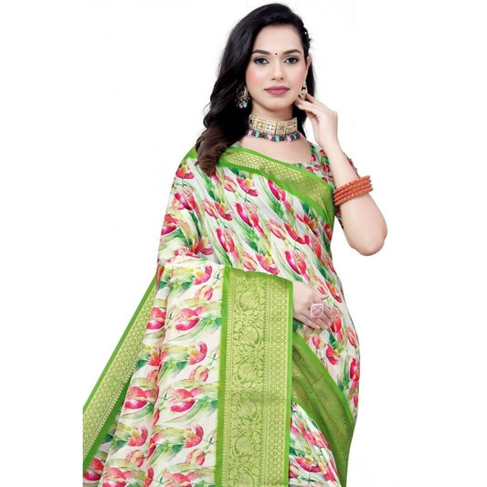 Generic Women's Cotton Silk Floral Printed Saree With Unstitched Blouse 5.5Mtr (Green-White)