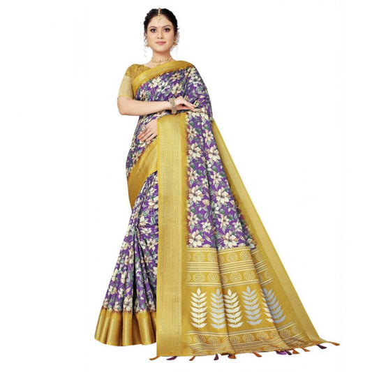 Generic Women's Cotton Silk Floral Printed Saree With Unstitched Blouse 5.5Mtr (Purple)
