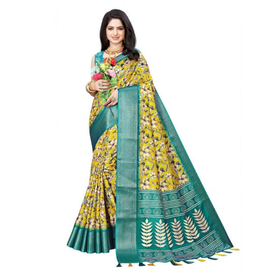 Generic Women's Cotton Silk Floral Printed Saree With Unstitched Blouse 5.5Mtr (Yellow)