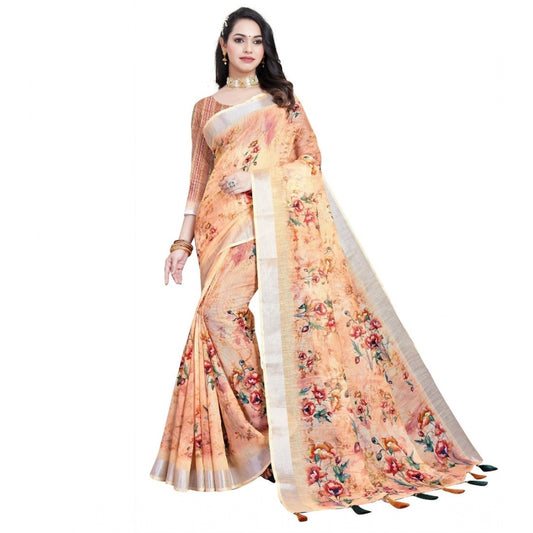 Generic Women's Cotton Silk Floral Printed Saree With Unstitched Blouse 5.5Mtr (Peach)