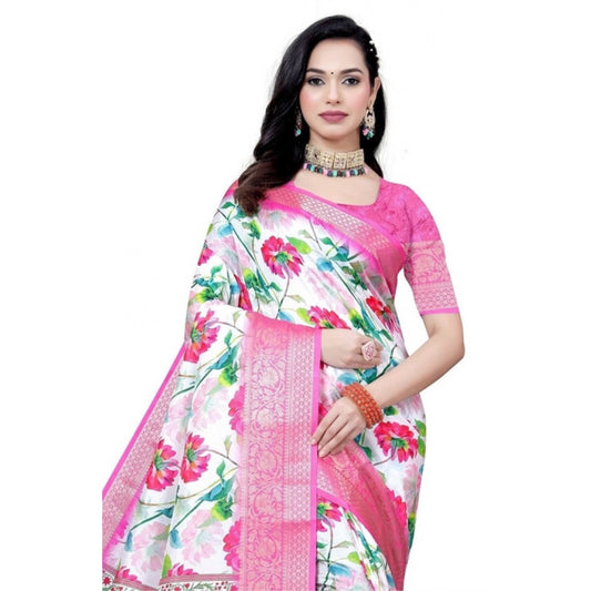 Generic Women's Cotton Silk Floral Printed Saree With Unstitched Blouse 5.5Mtr (Pink-White)