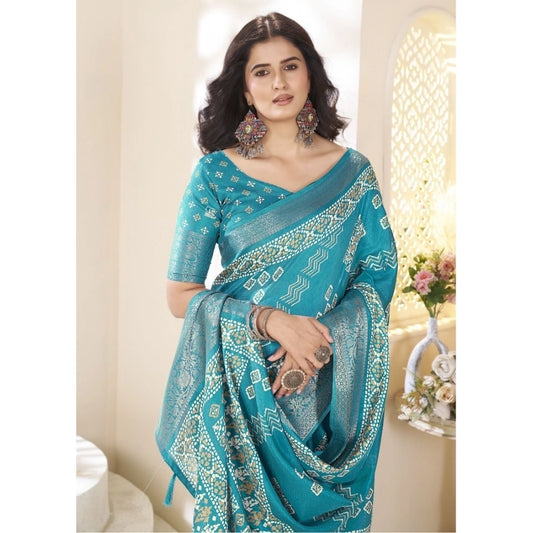 Generic Women's Cotton Silk Printed Saree With Unstitched Blouse 5.5Mtr (Teal)