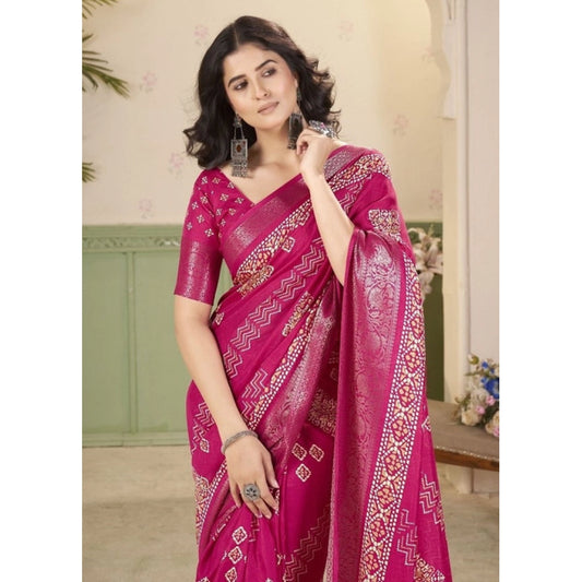 Generic Women's Cotton Silk Printed Saree With Unstitched Blouse 5.5Mtr (Pink)
