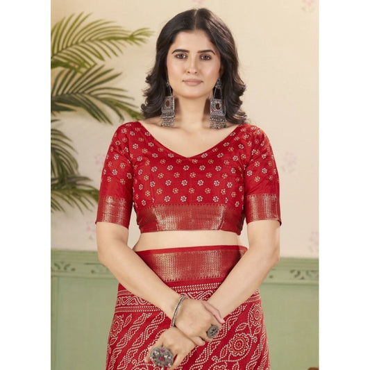 Generic Women's Cotton Silk Printed Saree With Unstitched Blouse 5.5Mtr (Red)