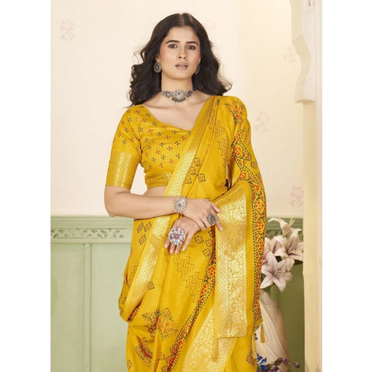 Generic Women's Cotton Silk Printed Saree With Unstitched Blouse 5.5Mtr (Yellow)