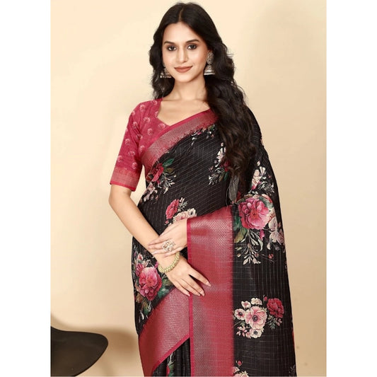 Generic Women's Cotton Silk Floral Printed Saree With Unstitched Blouse 5.5Mtr (Black)