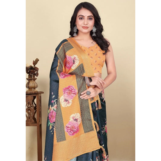 Generic Women's Cotton Silk Floral Printed Saree With Unstitched Blouse 5.5Mtr (Blue)
