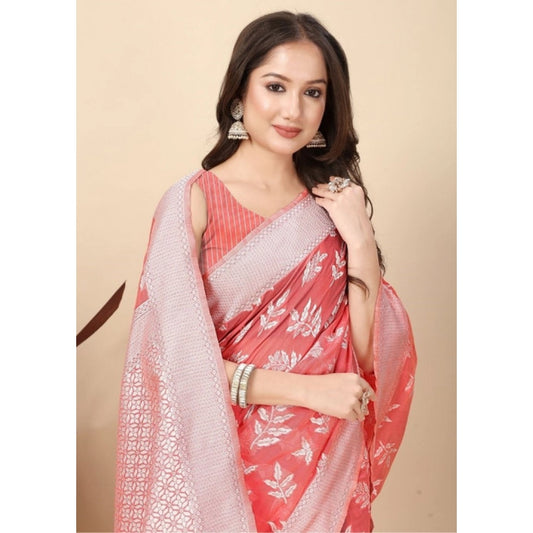 Generic Women's Art Silk Jacquard Printed Saree With Unstitched Blouse 5.5Mtr (Peach)