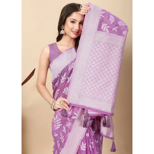 Generic Women's Art Silk Jacquard Printed Saree With Unstitched Blouse 5.5Mtr (Purple)