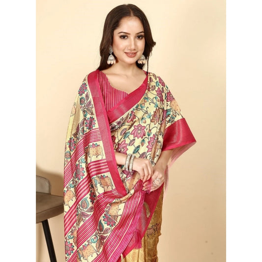 Generic Women's Cotton Silk Printed Saree With Unstitched Blouse 5.5Mtr (Yellow Red)