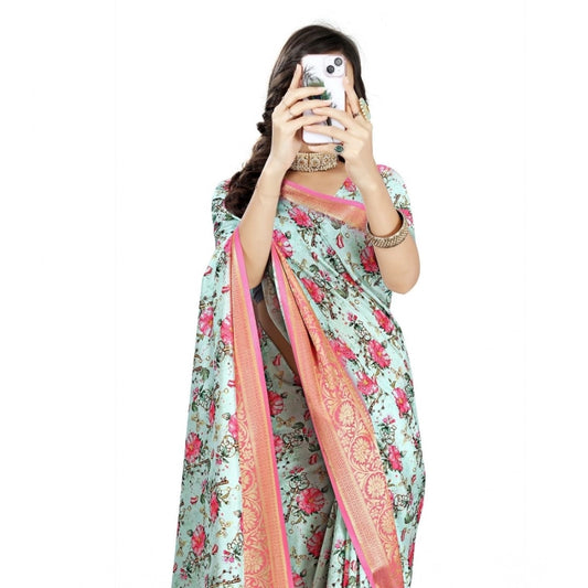 Generic Women's Cotton Silk Floral Printed Saree With Unstitched Blouse 5.5Mtr (Multicolor)