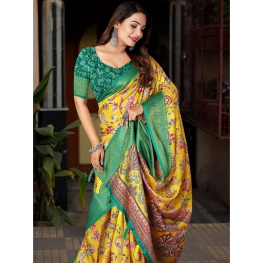 Generic Women's Cotton Silk Floral Printed Saree With Unstitched Blouse 5.5Mtr (Yellow-Green)