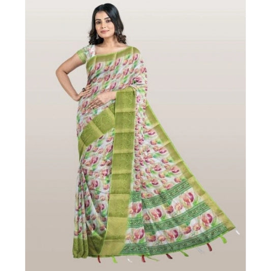 Generic Women's Cotton Blend Floral Printed Saree With Unstitched Blouse 5.5Mtr (Green-White)