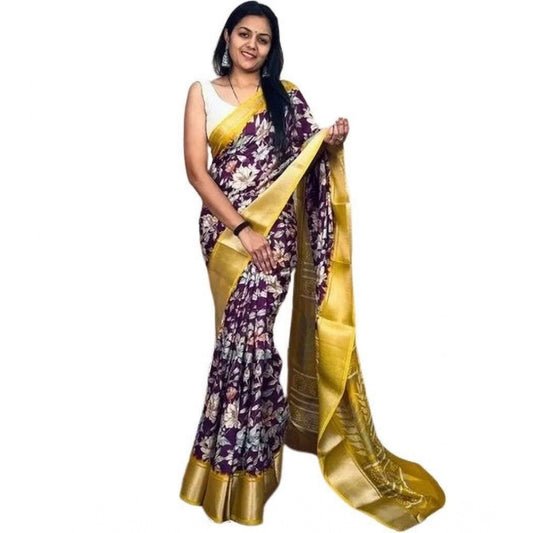 Generic Women's Cotton Blend Floral Printed Saree With Unstitched Blouse 5.5Mtr (Purple)