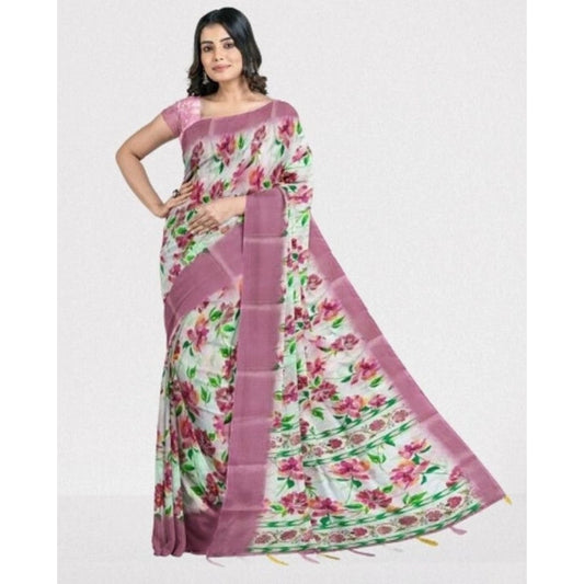 Generic Women's Cotton Blend Floral Printed Saree With Unstitched Blouse 5.5Mtr (Pink)