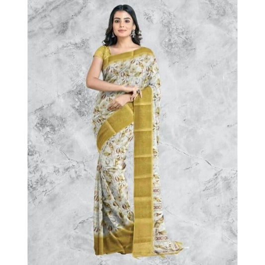 Generic Women's Cotton Blend Floral Printed Saree With Unstitched Blouse 5.5Mtr (Mustard)