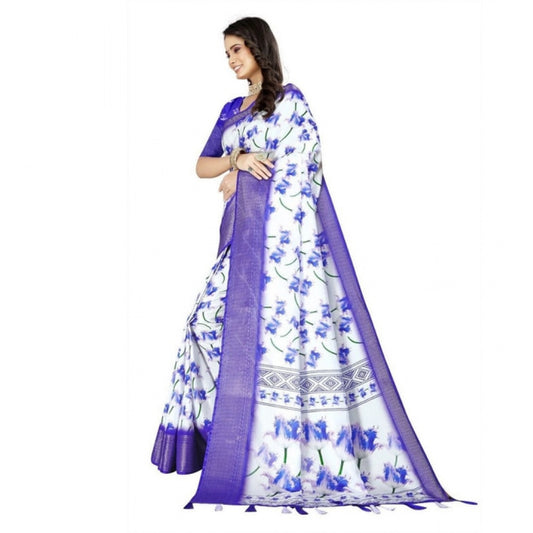 Generic Women's Cotton Silk Floral Printed Saree With Unstitched Blouse 5.5Mtr (Blue)