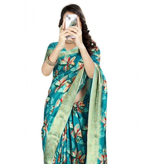 Generic Women's Cotton Silk Floral Printed Saree With Unstitched Blouse 5.5Mtr (Turquoise)