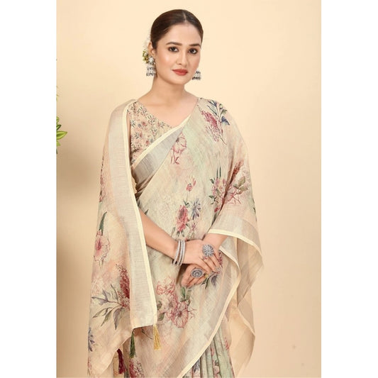 Generic Women's Cotton Silk Floral Printed Saree With Unstitched Blouse 5.5Mtr (Cream)