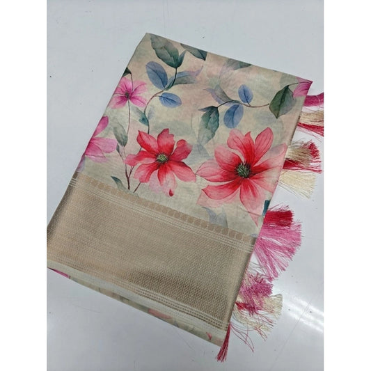 Generic Women's Cotton Silk Floral Printed Saree With Unstitched Blouse 5.5Mtr (Beige)